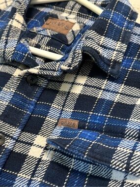 Orvis Navy, Royal Blue & White Plaid Flannel Shirt